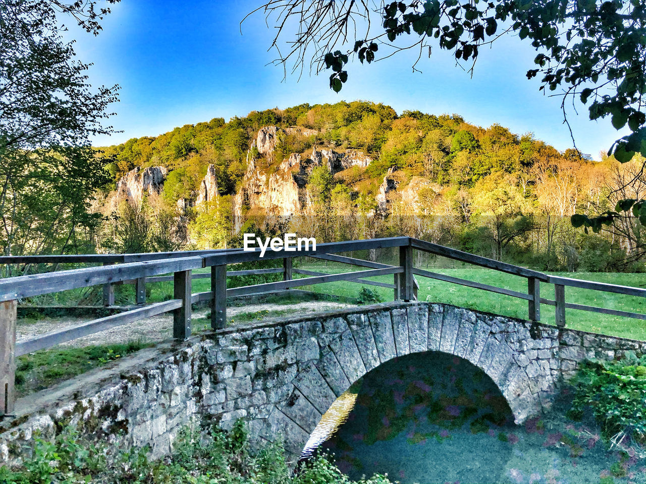 FOOTBRIDGE OVER RIVER AMIDST TREES AGAINST SKY