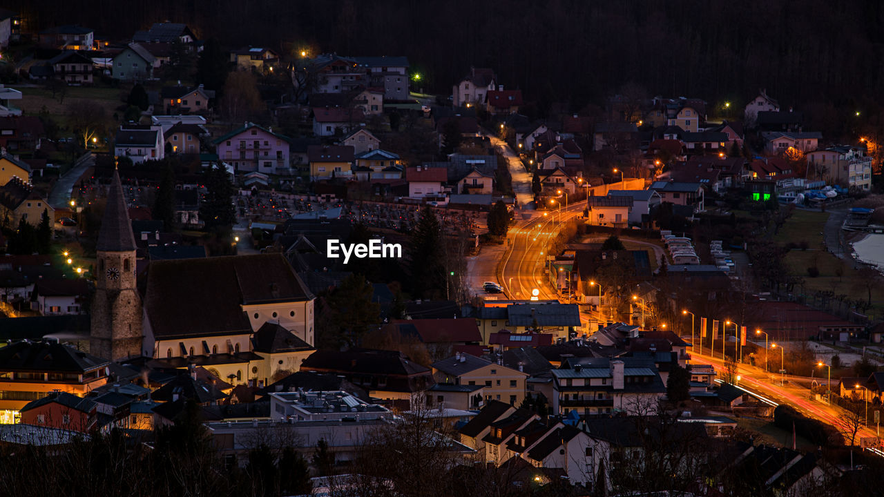 High angle view of illuminated buildings at night