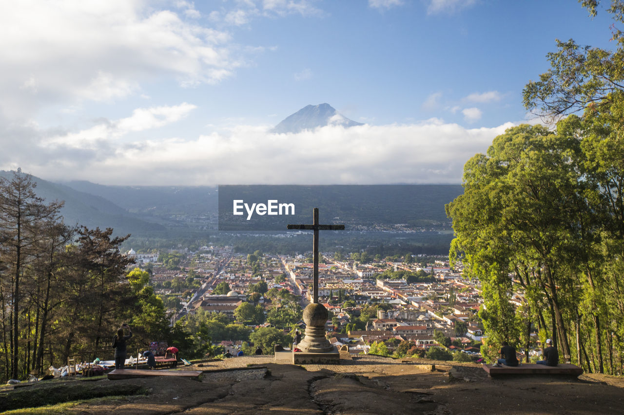 Hill of the cross, and volcano agua, guatemala.