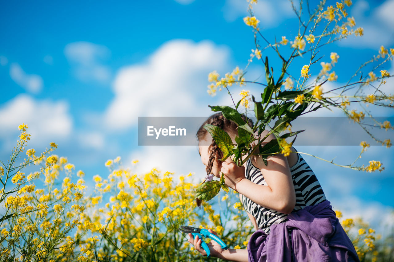 Cute girl holding flower while standing against sky