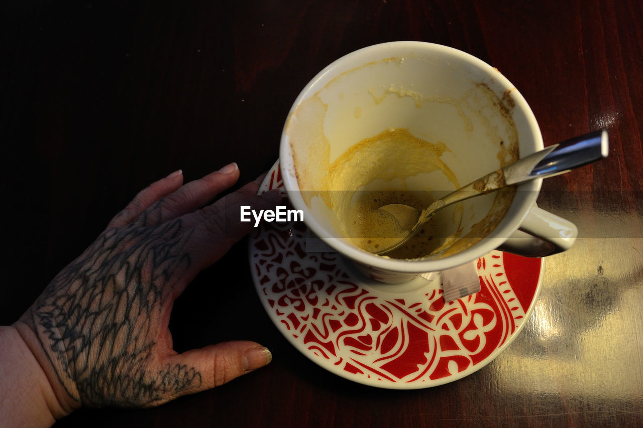 HIGH ANGLE VIEW OF PERSON HOLDING COFFEE CUP