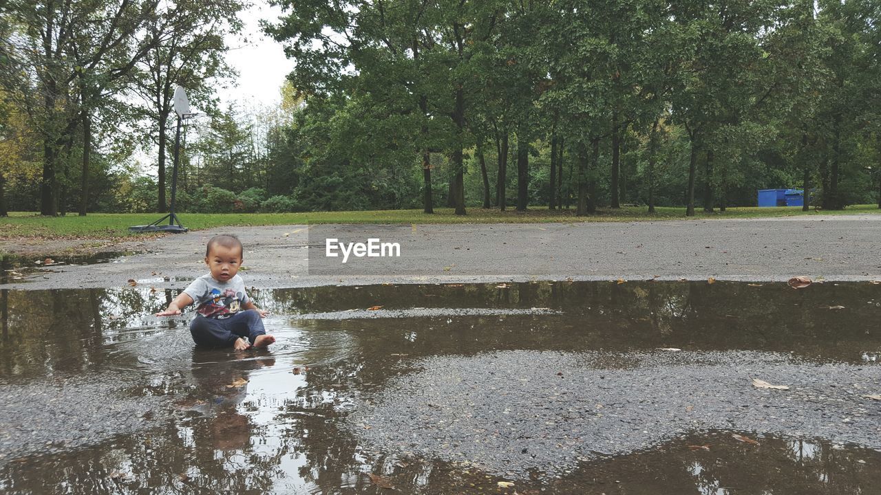 Portrait of cute boy sitting in puddle on road against trees