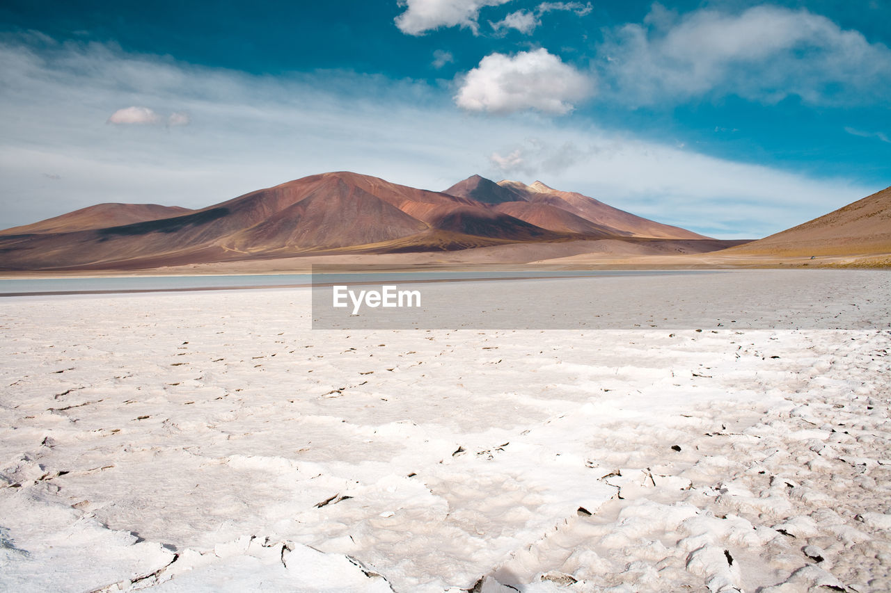 Tuyajto lagoon and salt lake in the altiplano  with salt crust in the shore, atacama desert,  chile,