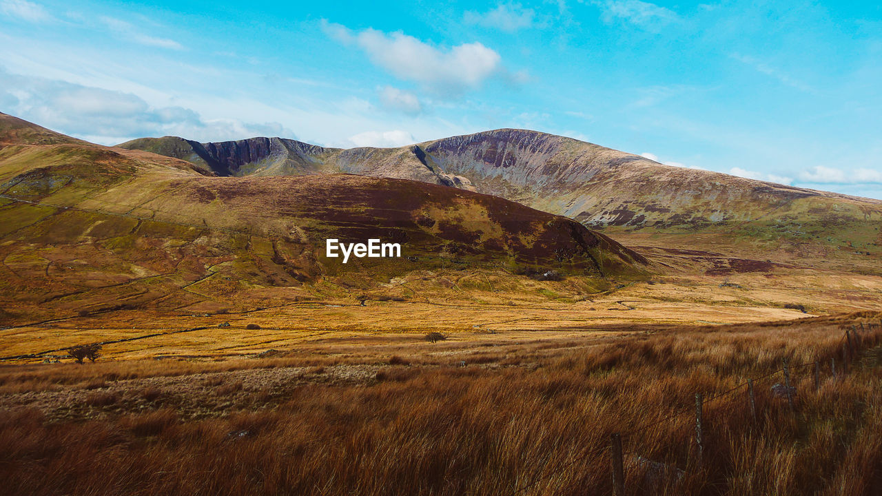 Scenic view of landscape and mountains against sky