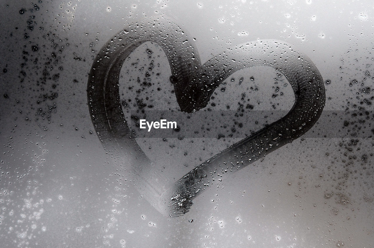 Close-up of heart shape on condensed glass window