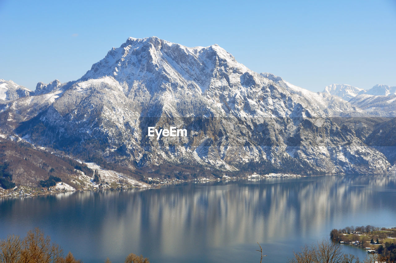 Scenic view of snowcapped mountains against clear sky