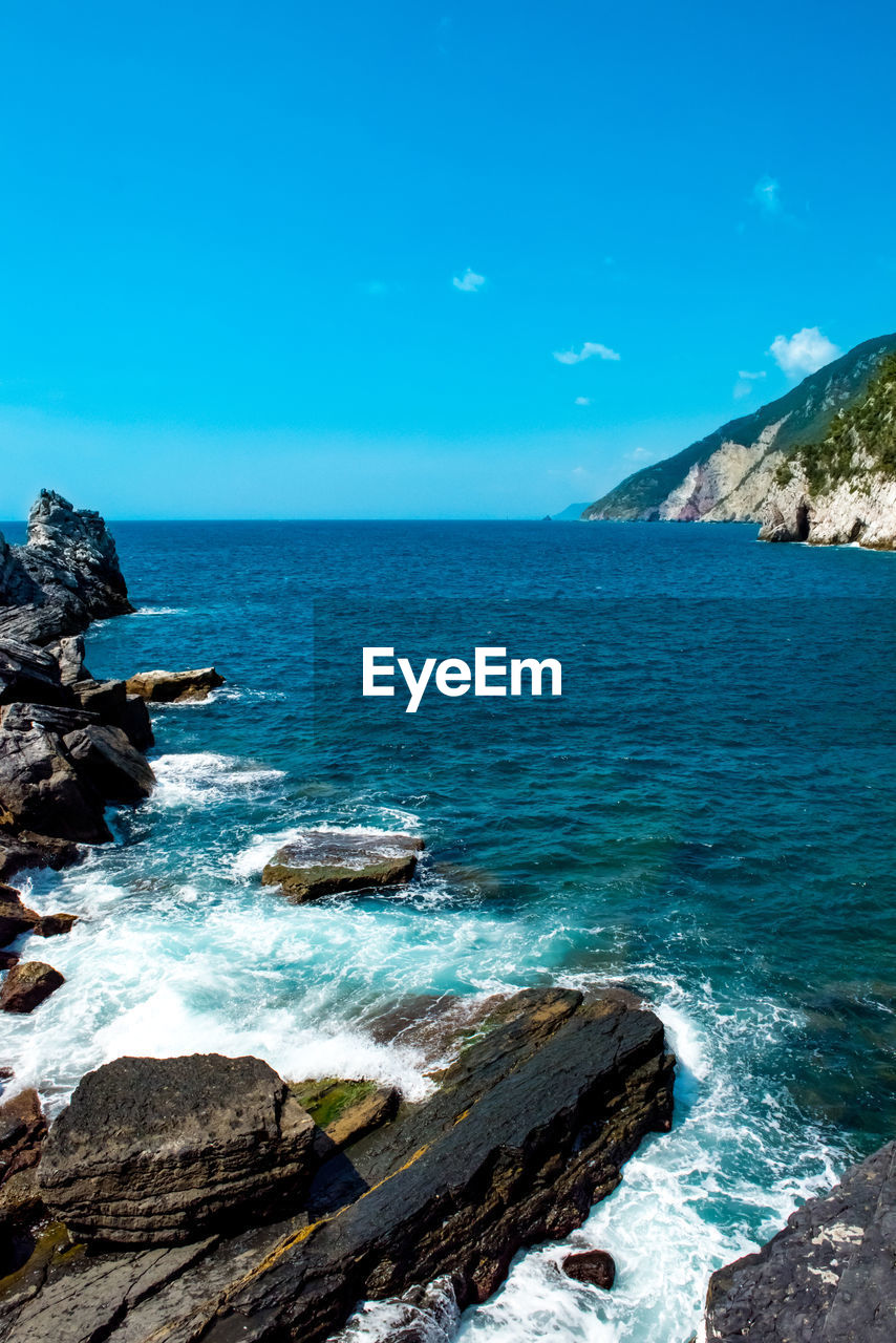 Scenic view of sea against blue sky