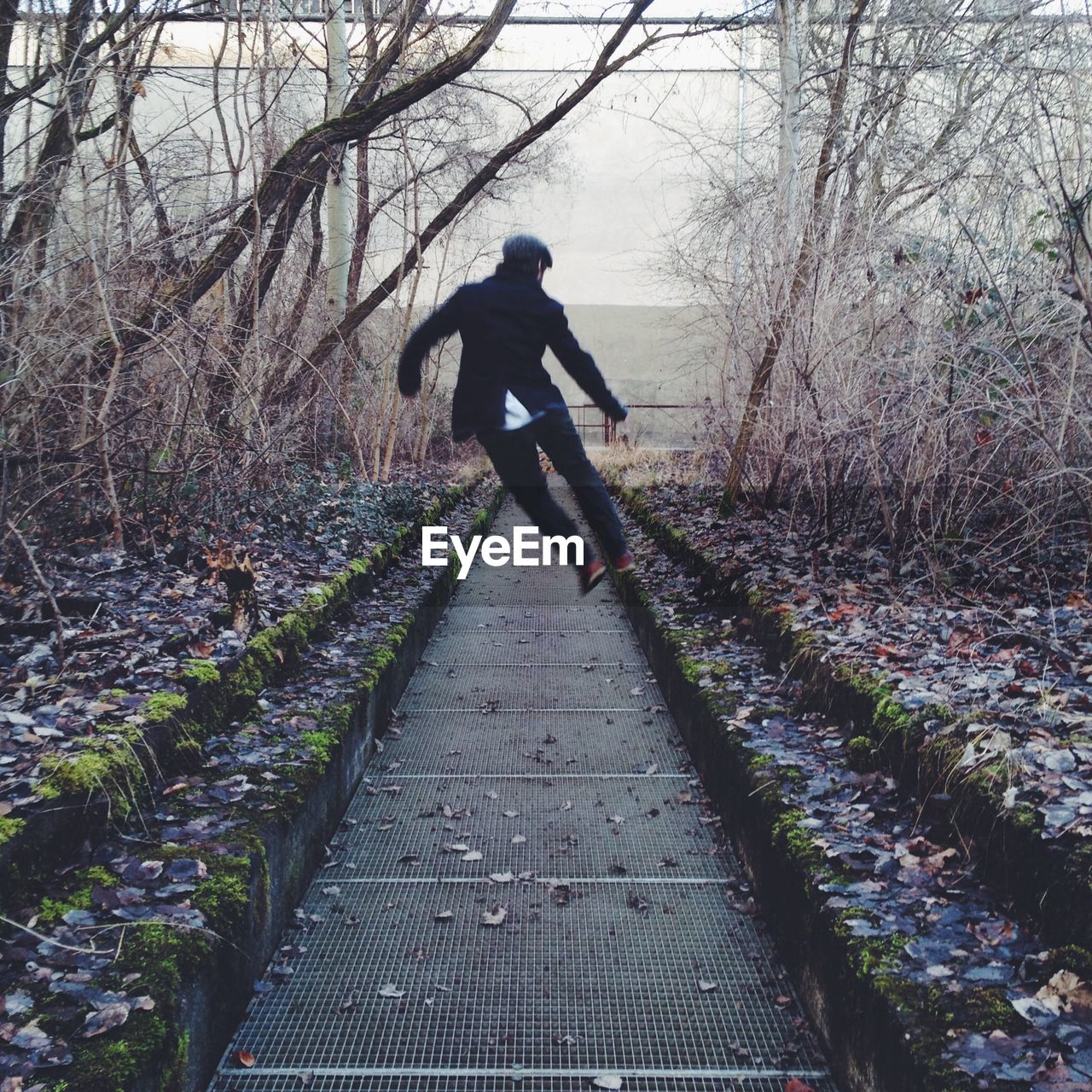 Rear view of man jumping on pathway along bare trees