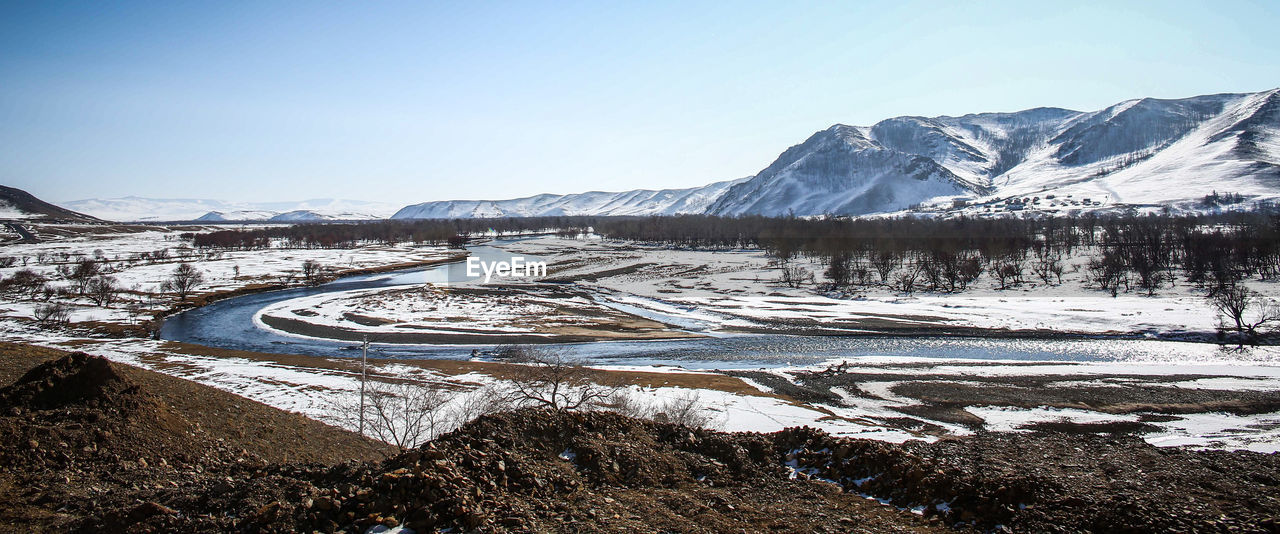 Scenic view of snow covered landscape against clear sky