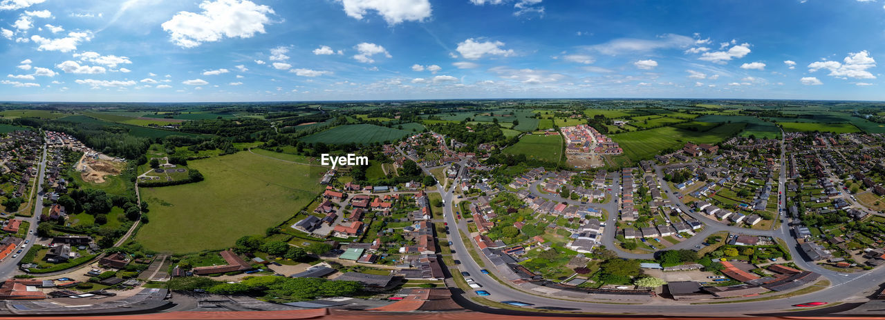 A 360 degree image of an aerial view of the village of haughley in suffolk, uk