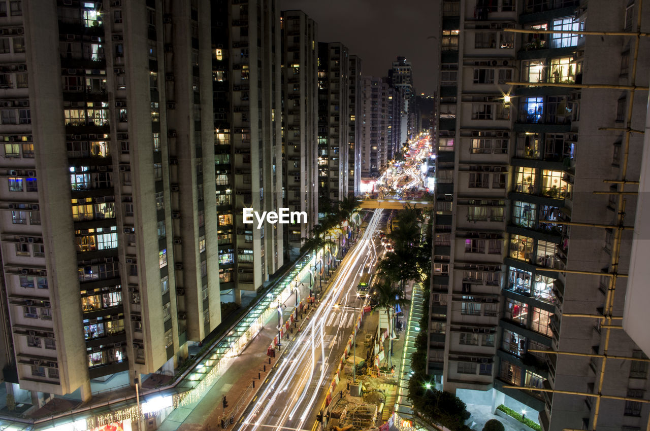 View of city lit up at night