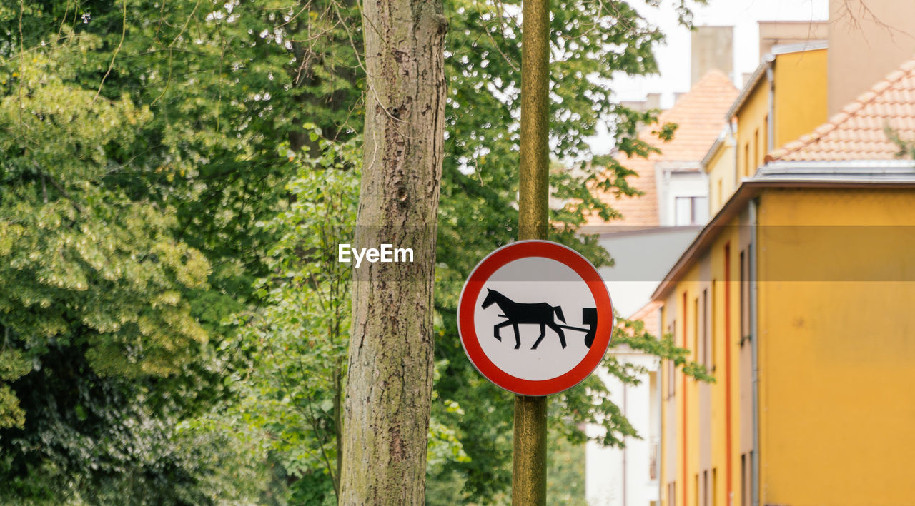 Low angle view of road sign for carriage traffic by building