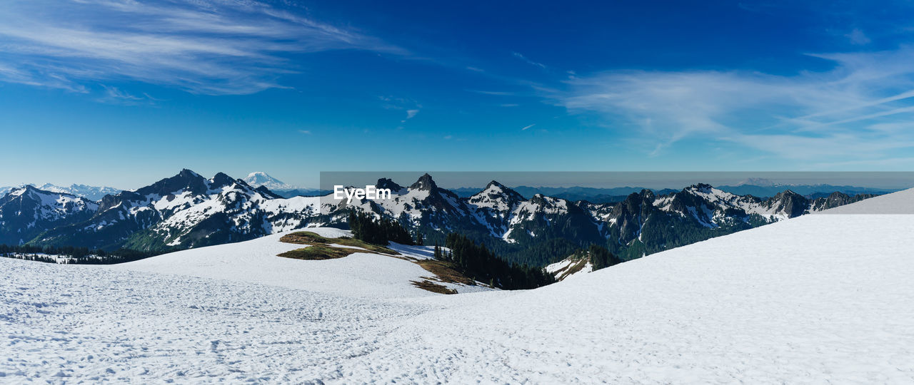 Washington mountain peaks with two volcanoes in the background