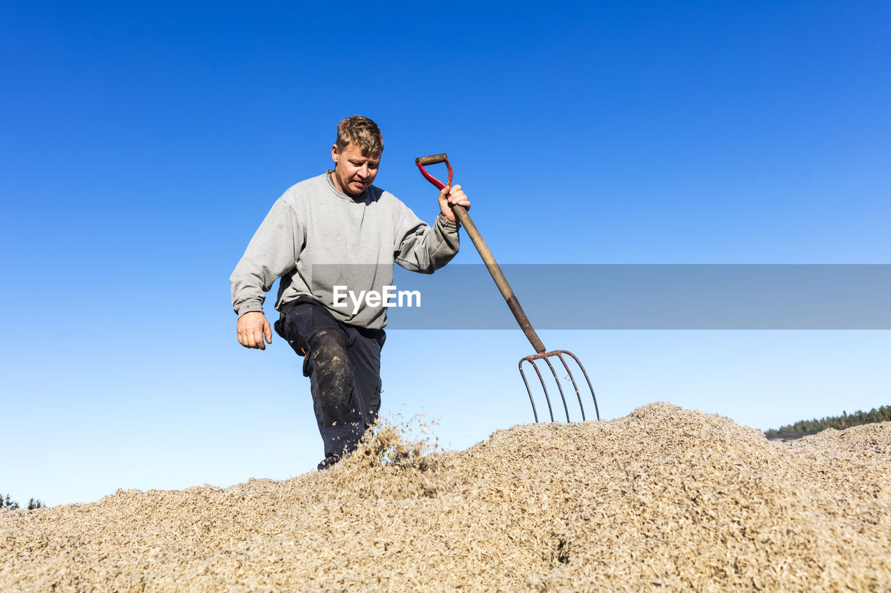 Male farmer with pitchfork working during harvest
