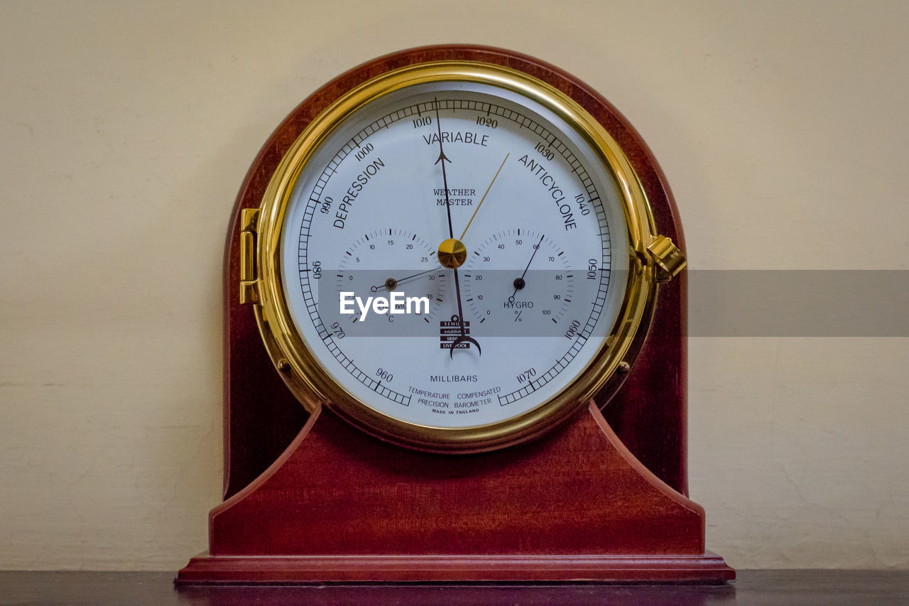 CLOSE-UP OF OLD CLOCK ON TABLE