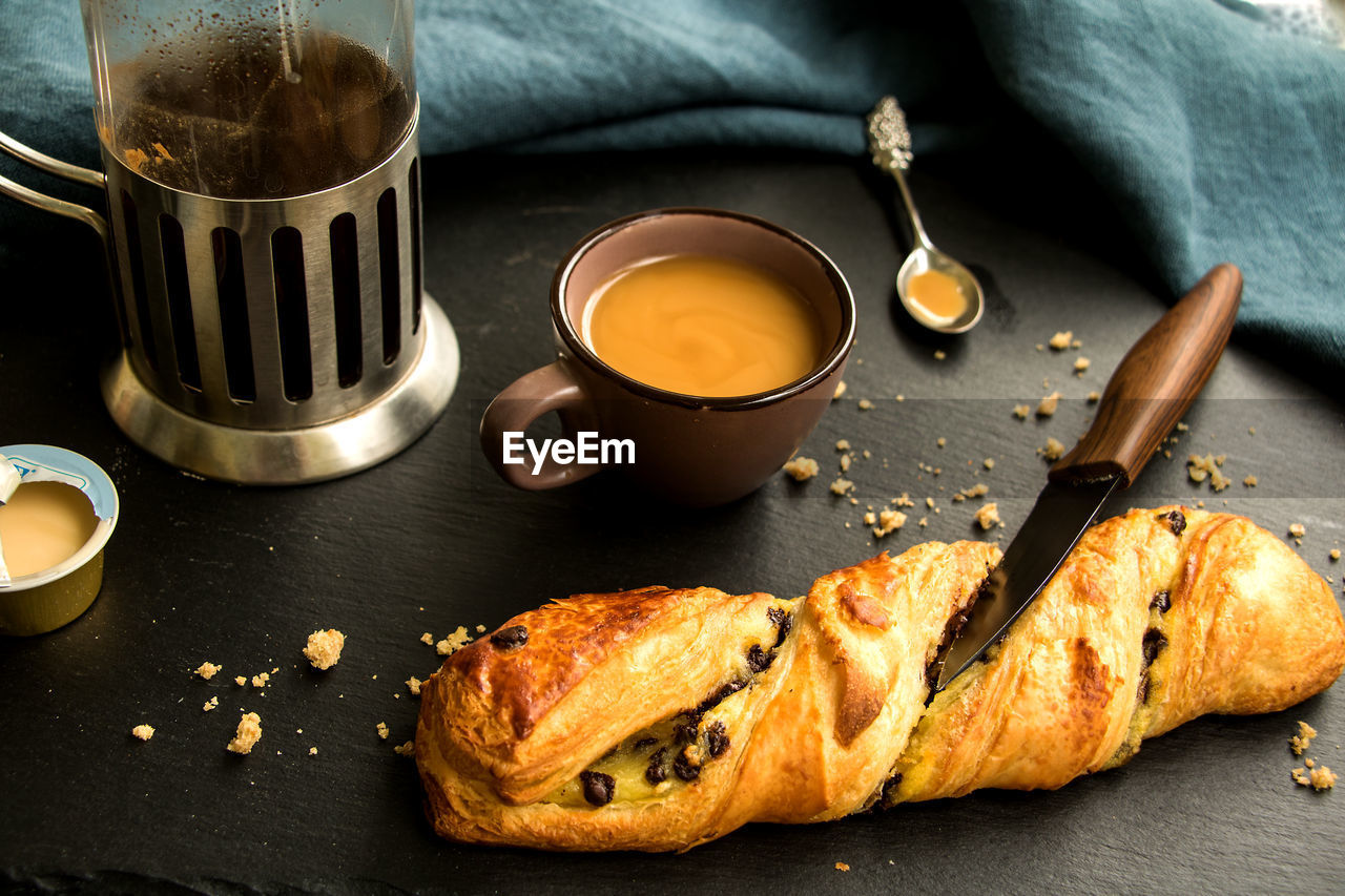 HIGH ANGLE VIEW OF BREAKFAST AND COFFEE ON TABLE