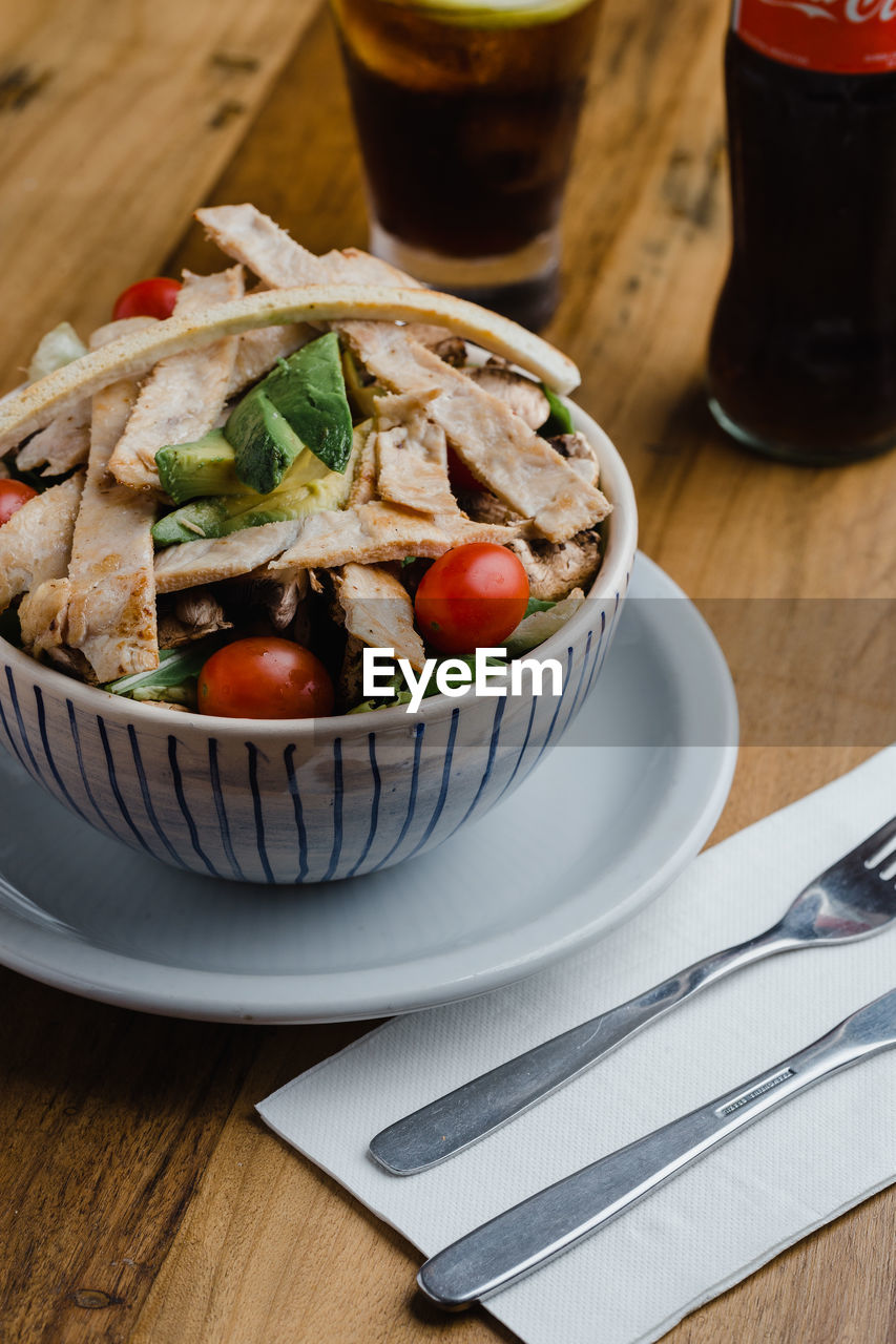 High angle view of food in bowl on table