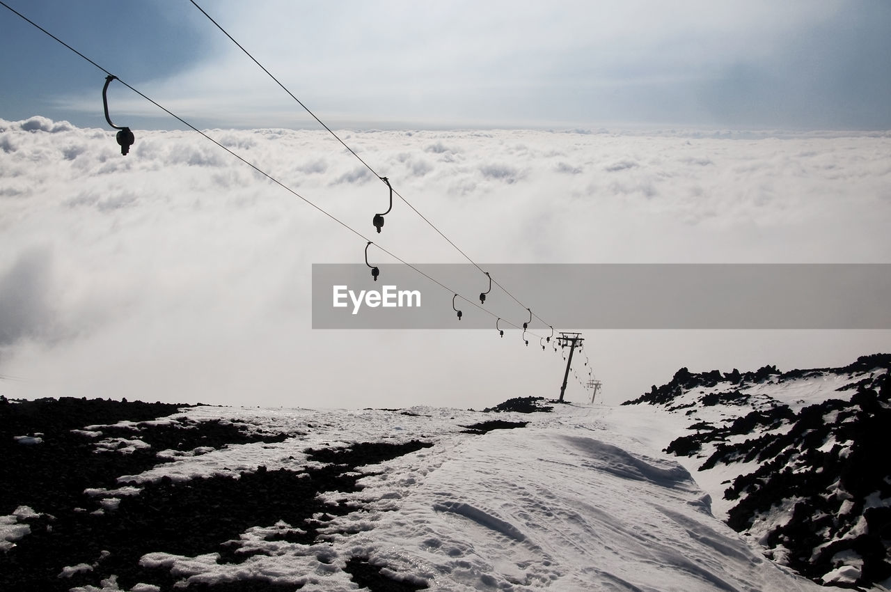 SKI LIFT OVER SNOW COVERED MOUNTAIN AGAINST SKY