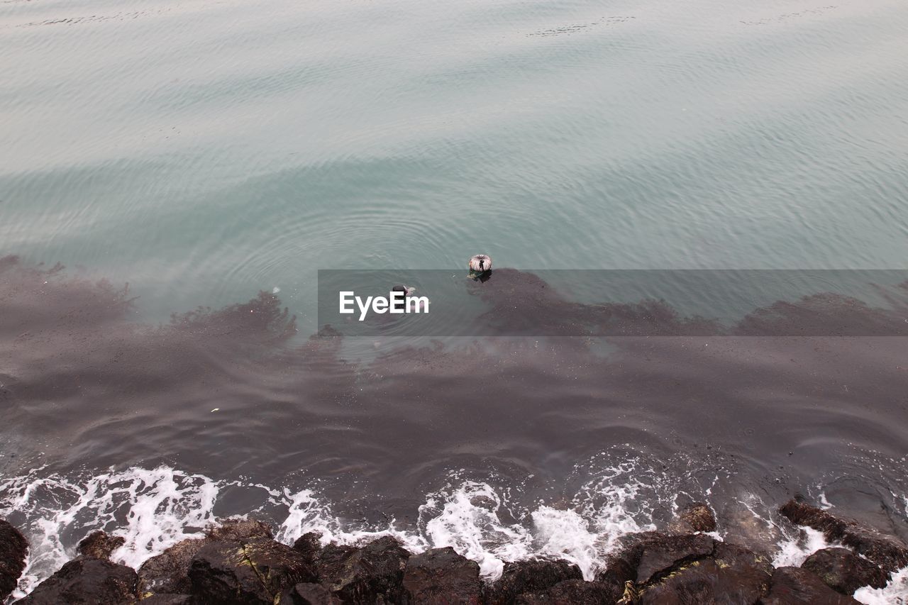 HIGH ANGLE VIEW OF PEOPLE ON SEA AGAINST MOUNTAIN