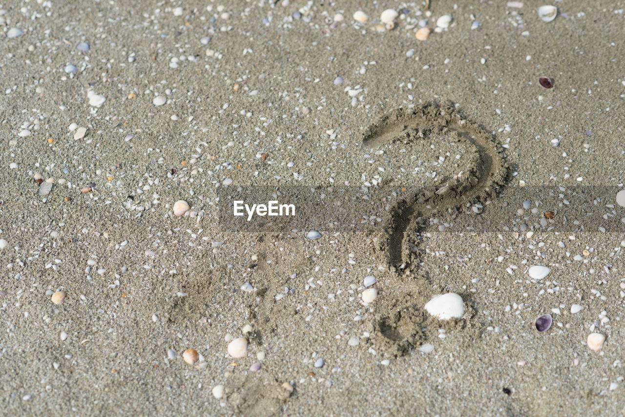 Question mark wriiten on a sandy beach. concept of faq, travel tips and travel destinations