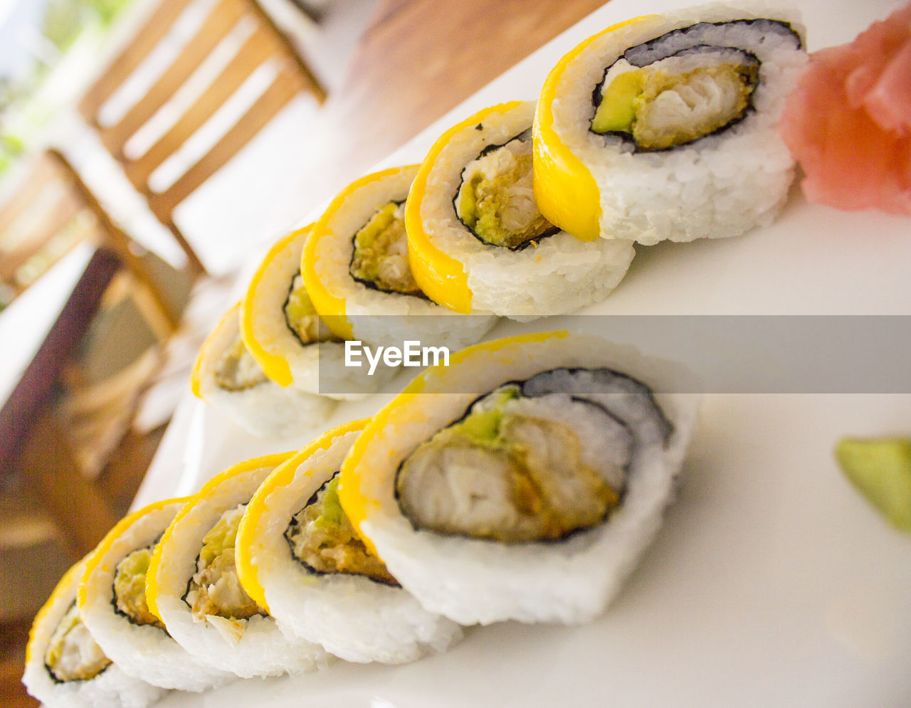 Close-up of sushi served in plate