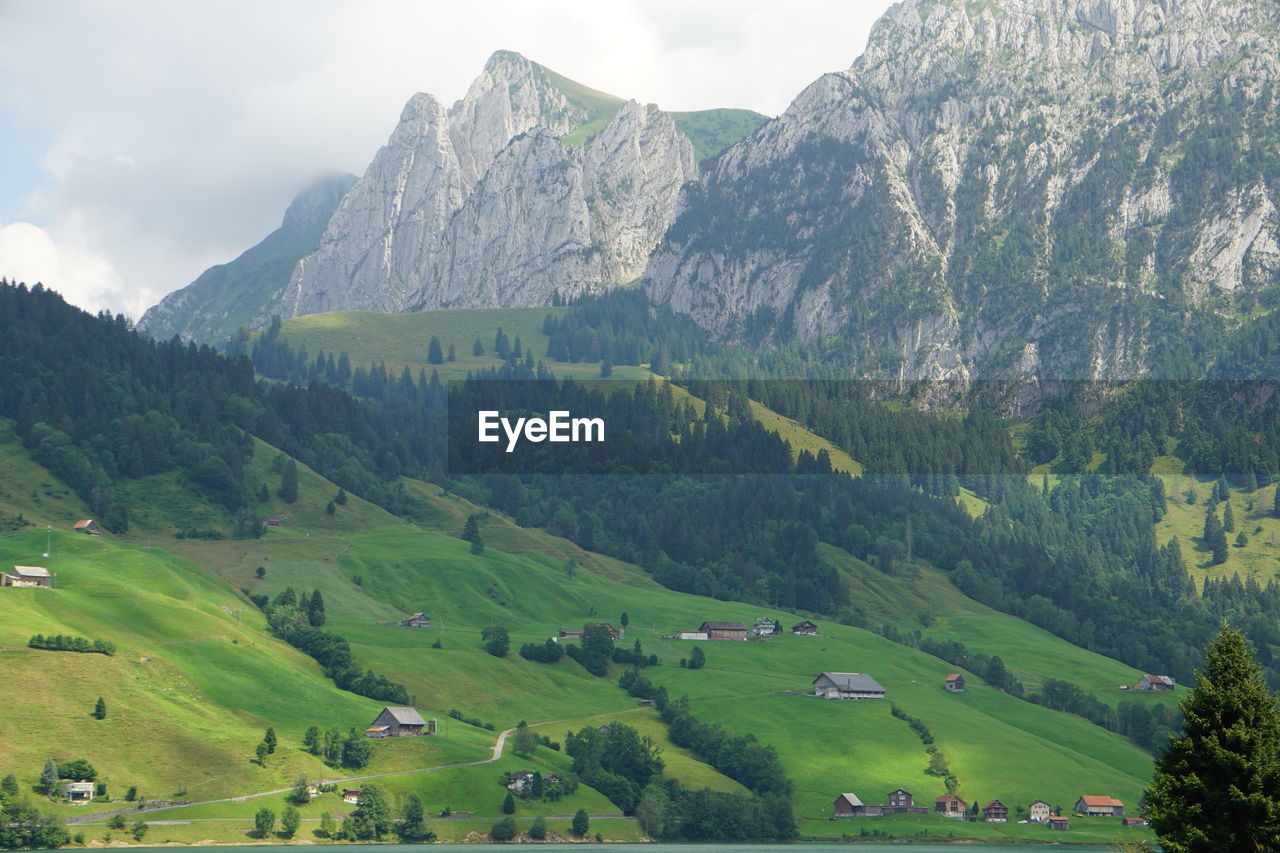 Scenic view of green landscape and mountains against sky