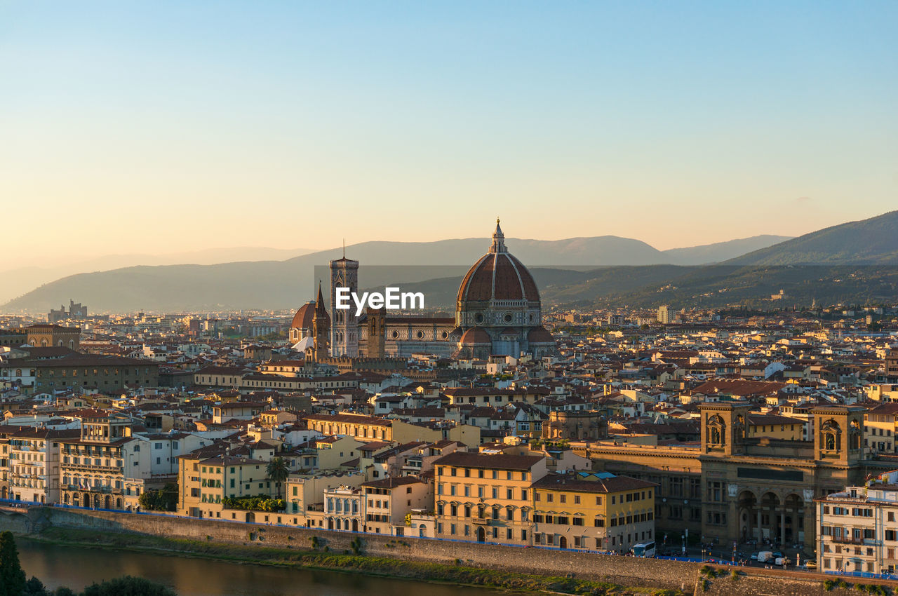 Panorama of florence cityscape with famous landmark santa maria del fiore cathedral from above.