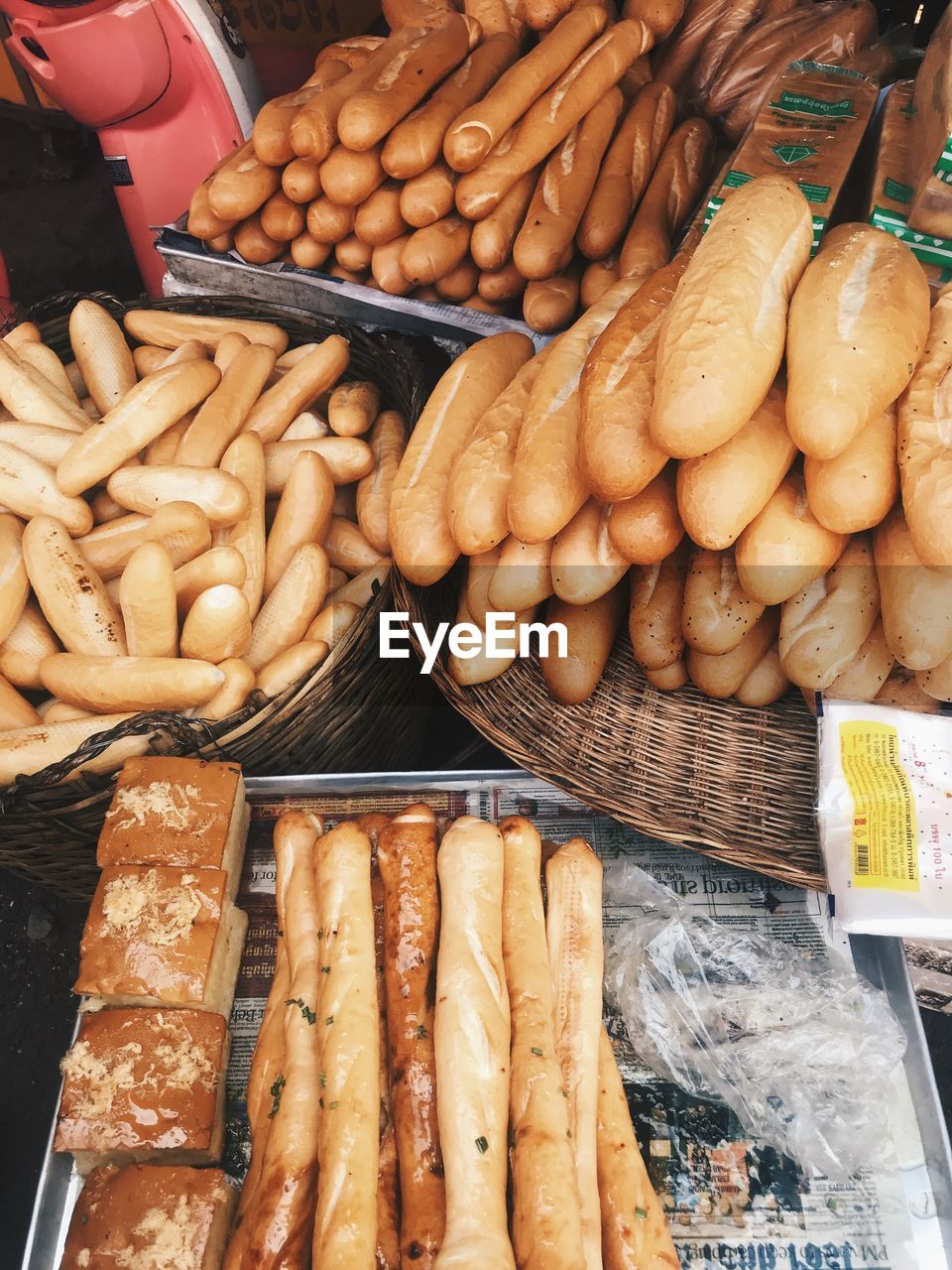 High angle view of bread for sale at market stall