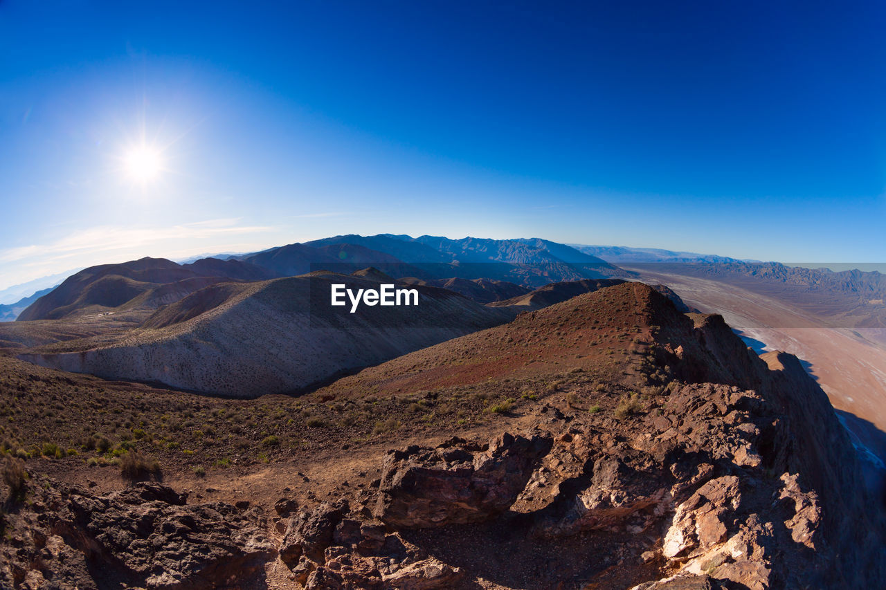 PANORAMIC VIEW OF LANDSCAPE AND MOUNTAINS AGAINST CLEAR BLUE SKY