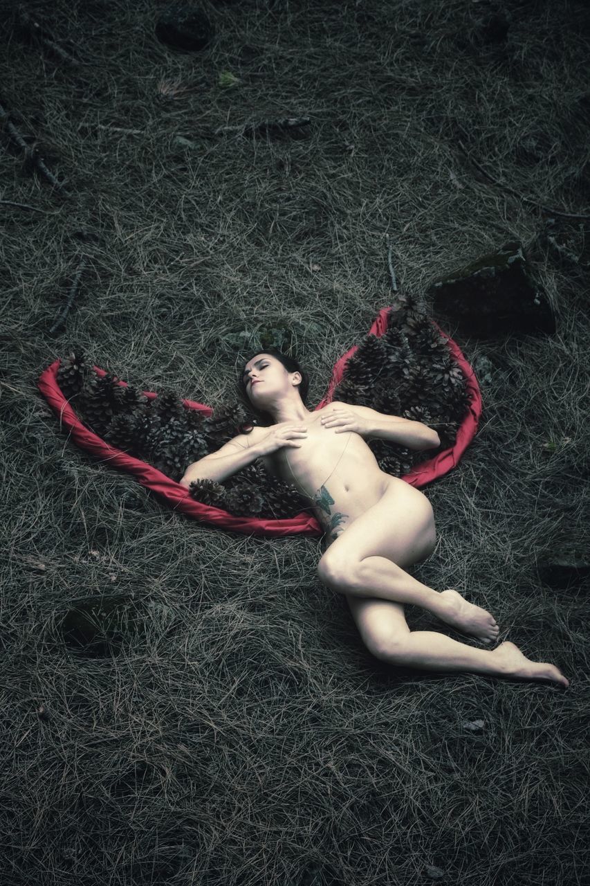 High angle view of naked woman lying on grassy field