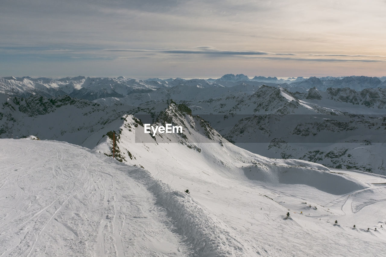 Scenic view of snow covered mountains against sky