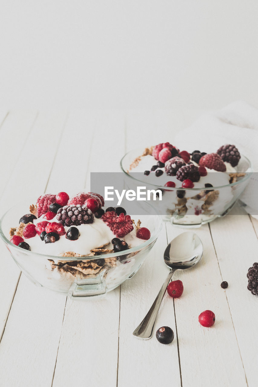 HIGH ANGLE VIEW OF BREAKFAST IN BOWL