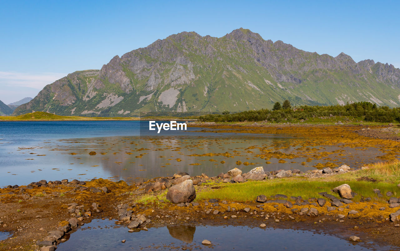 Scenic view of lake and mountains against clear sky