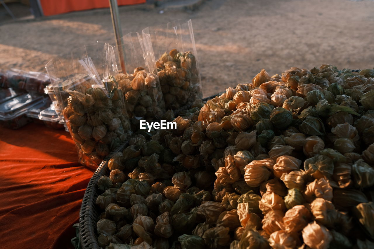 High angle view of food for sale at market stall