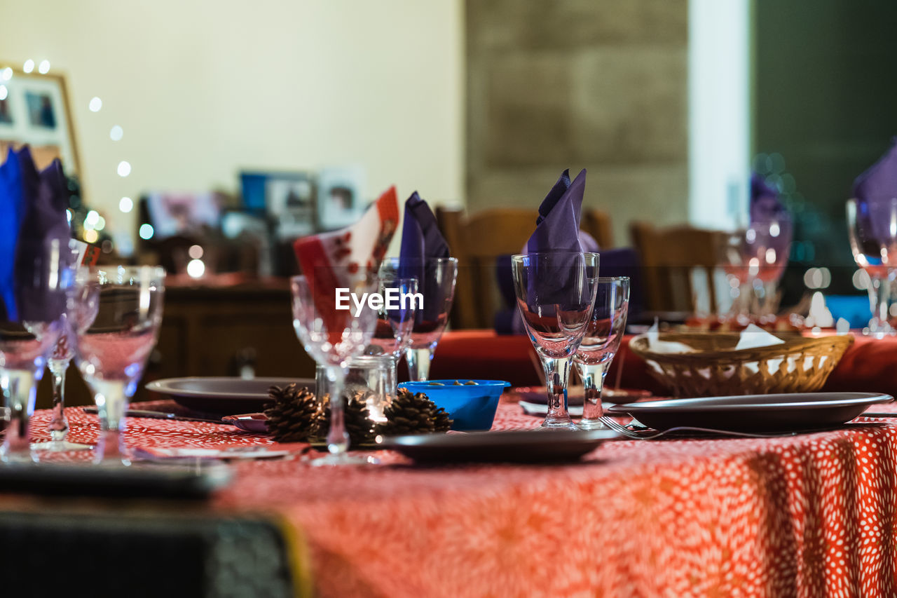 Wine glasses on table in home