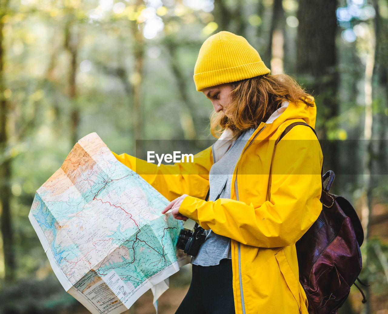 Side view of female explorer in yellow raincoat and with backpack standing in woods and searching for route on paper map