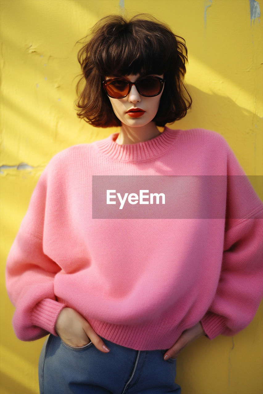 pink, yellow, fashion, one person, sunglasses, glasses, adult, women, young adult, three quarter length, clothing, portrait, standing, hairstyle, casual clothing, brown hair, waist up, indoors, front view, sleeve, cool attitude, looking at camera, female, photo shoot, lifestyles, arts culture and entertainment, child