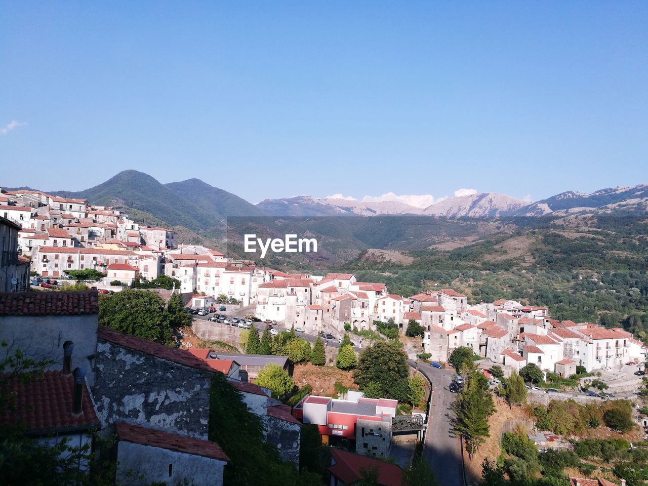 High angle view of houses against clear sky