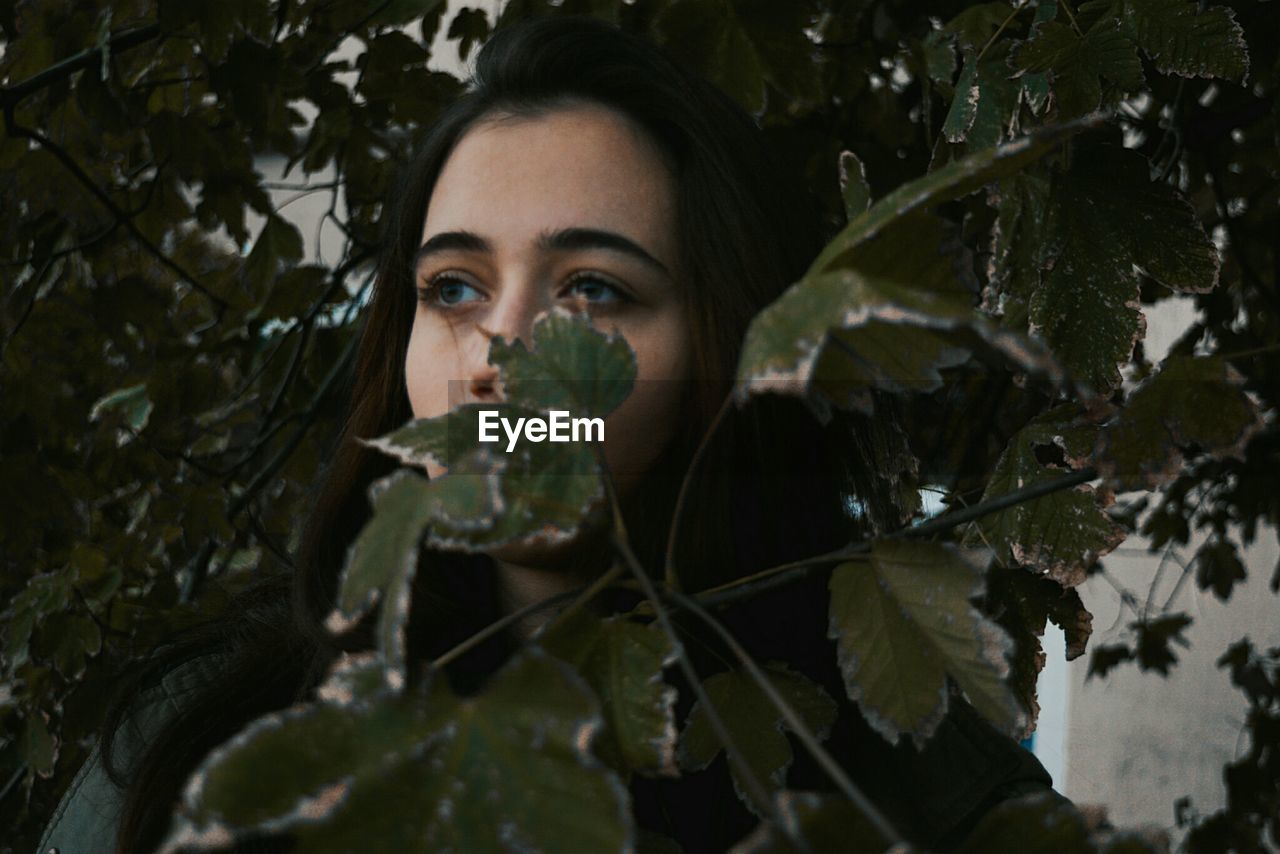 Thoughtful young woman amidst branches