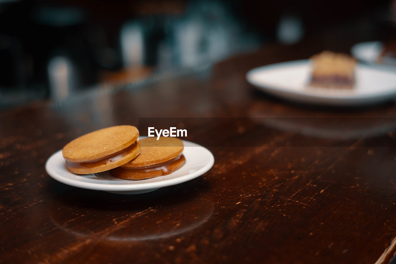 High angle view of dessert in plate on table