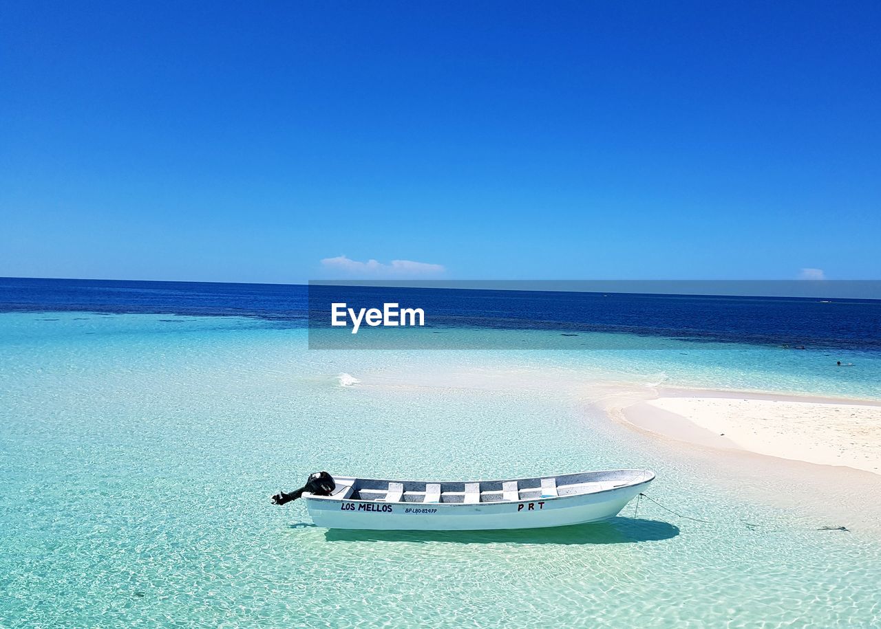 Scenic view of beach against clear blue sky