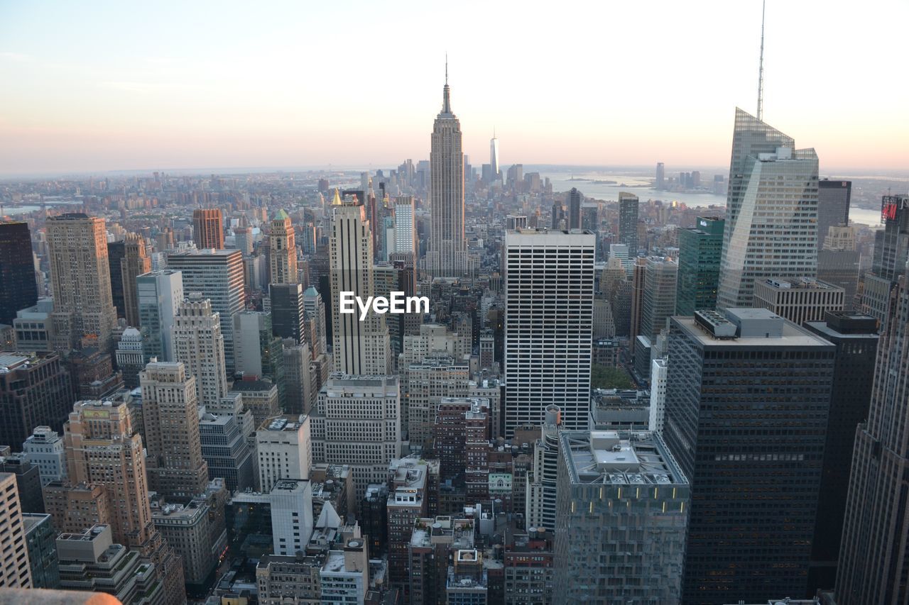 High angle view of cityscape against clear sky