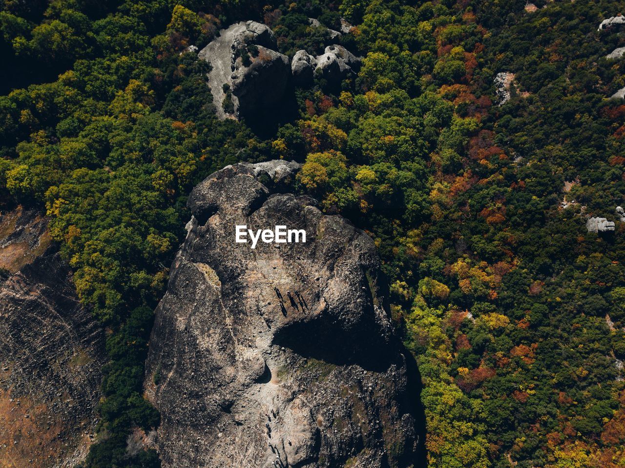 High angle view of rocky mountains and forest