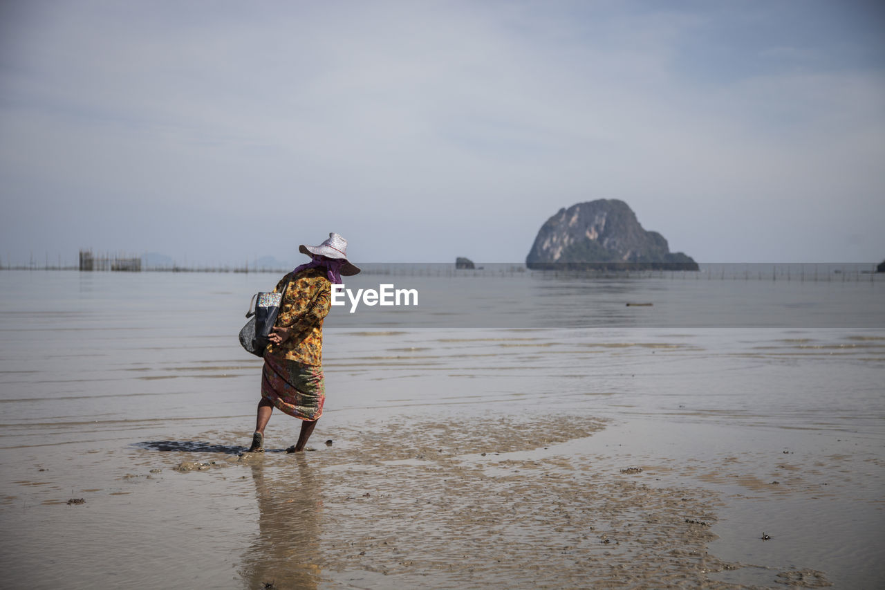 Woman collecting oysters on beach