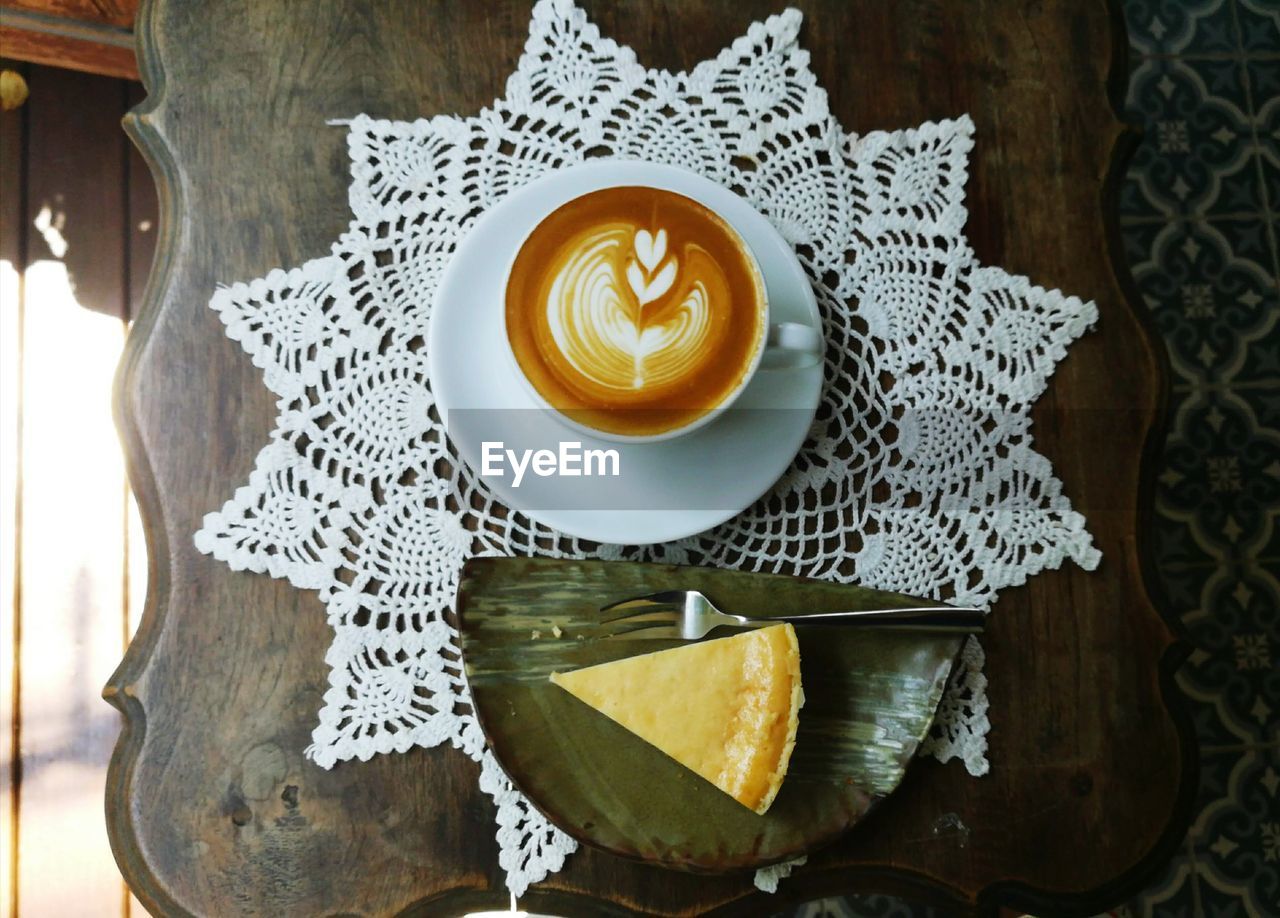 DIRECTLY ABOVE SHOT OF COFFEE AND CUP ON TABLE WITH SPOON