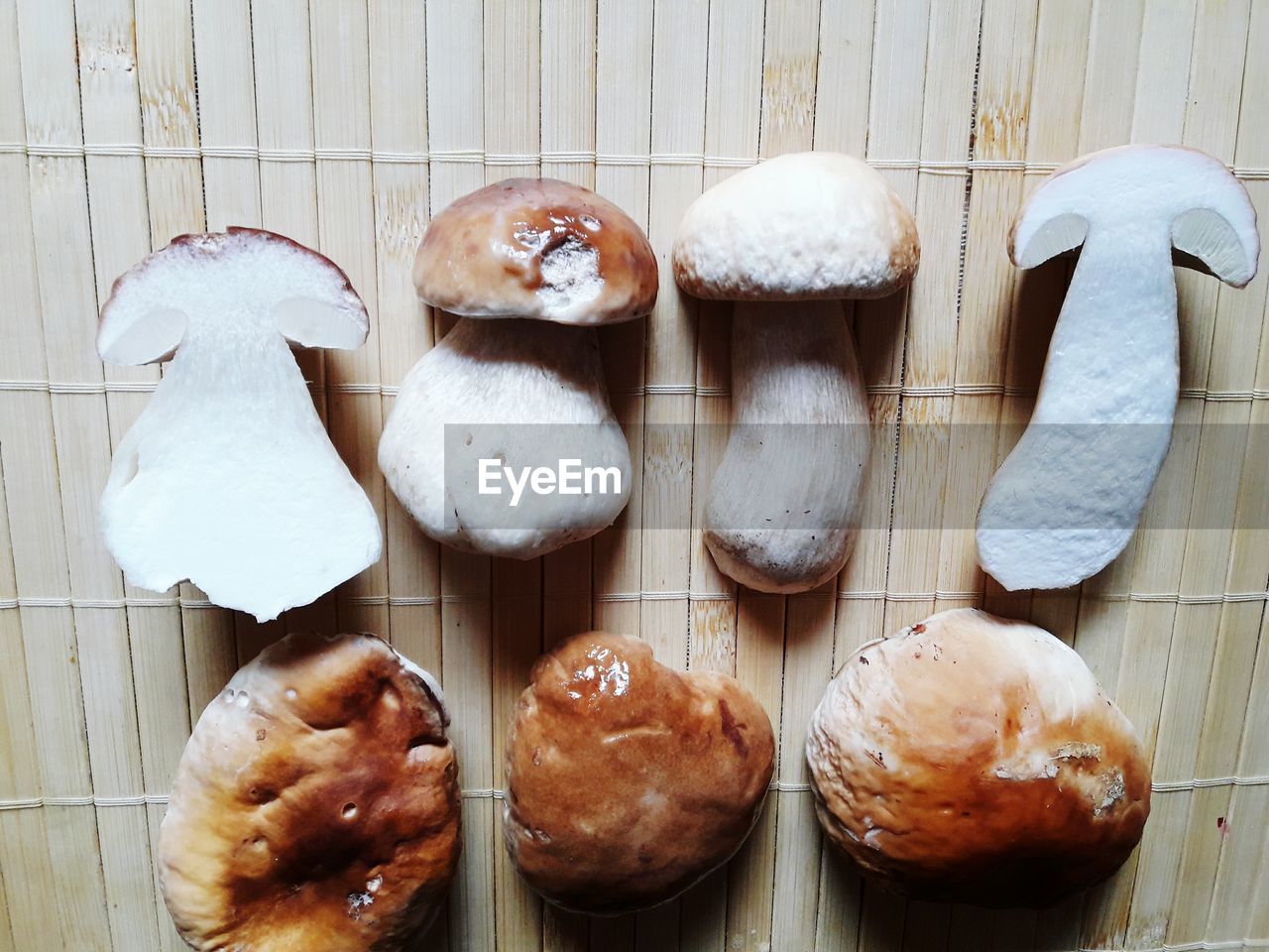 High angle view of mushrooms on table