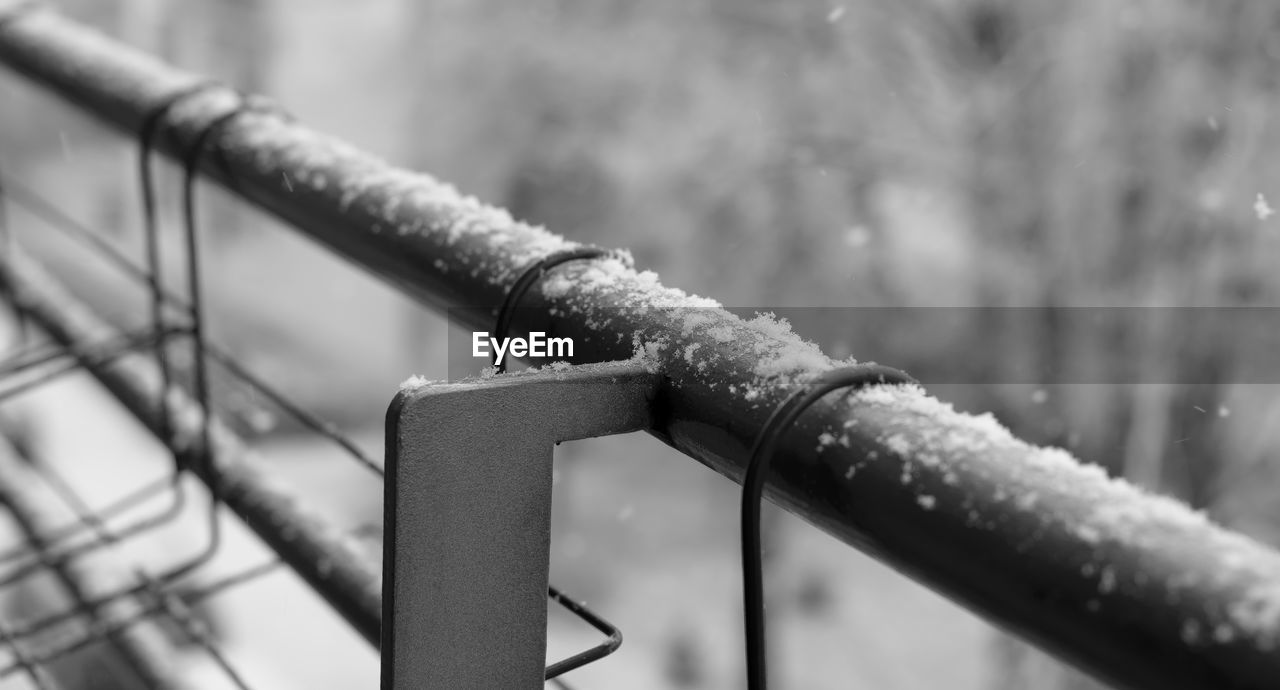 Close-up of snow on railing