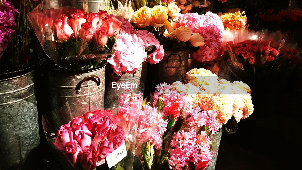 High angle view of flower bouquets in container at shop