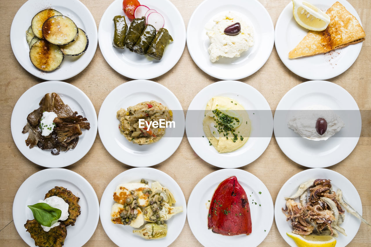 Directly above view of food served on table