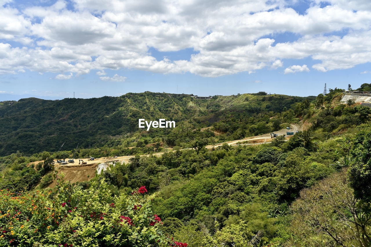 Scenic view of trees and buildings against sky